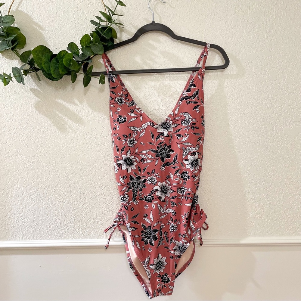 Rose Floral Print Ricrac Trim Spaghetti Strap One Piece Swim Dress
